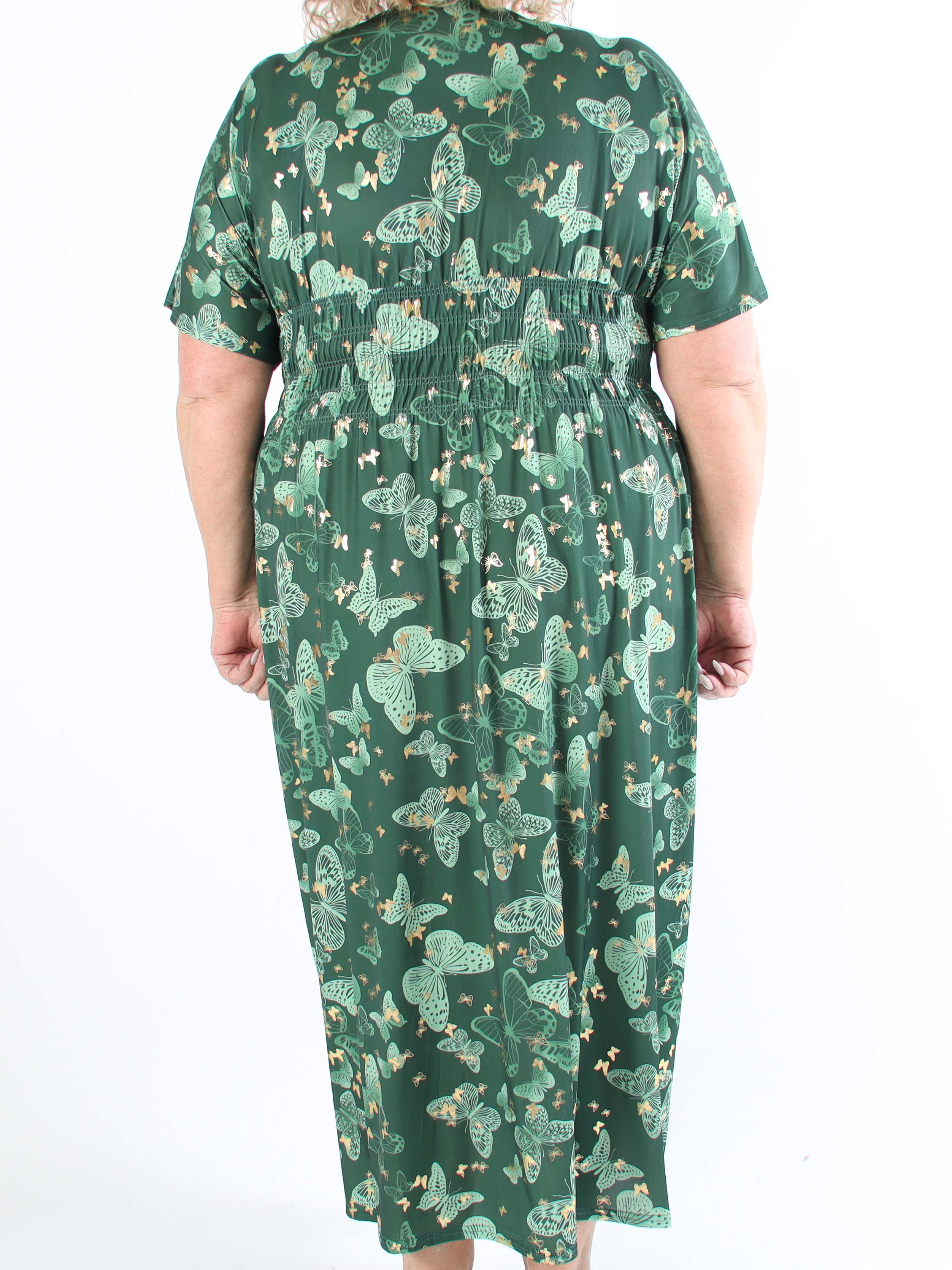 Pams Butterfly - Lång elastisk plus size-klänning med smockad midja